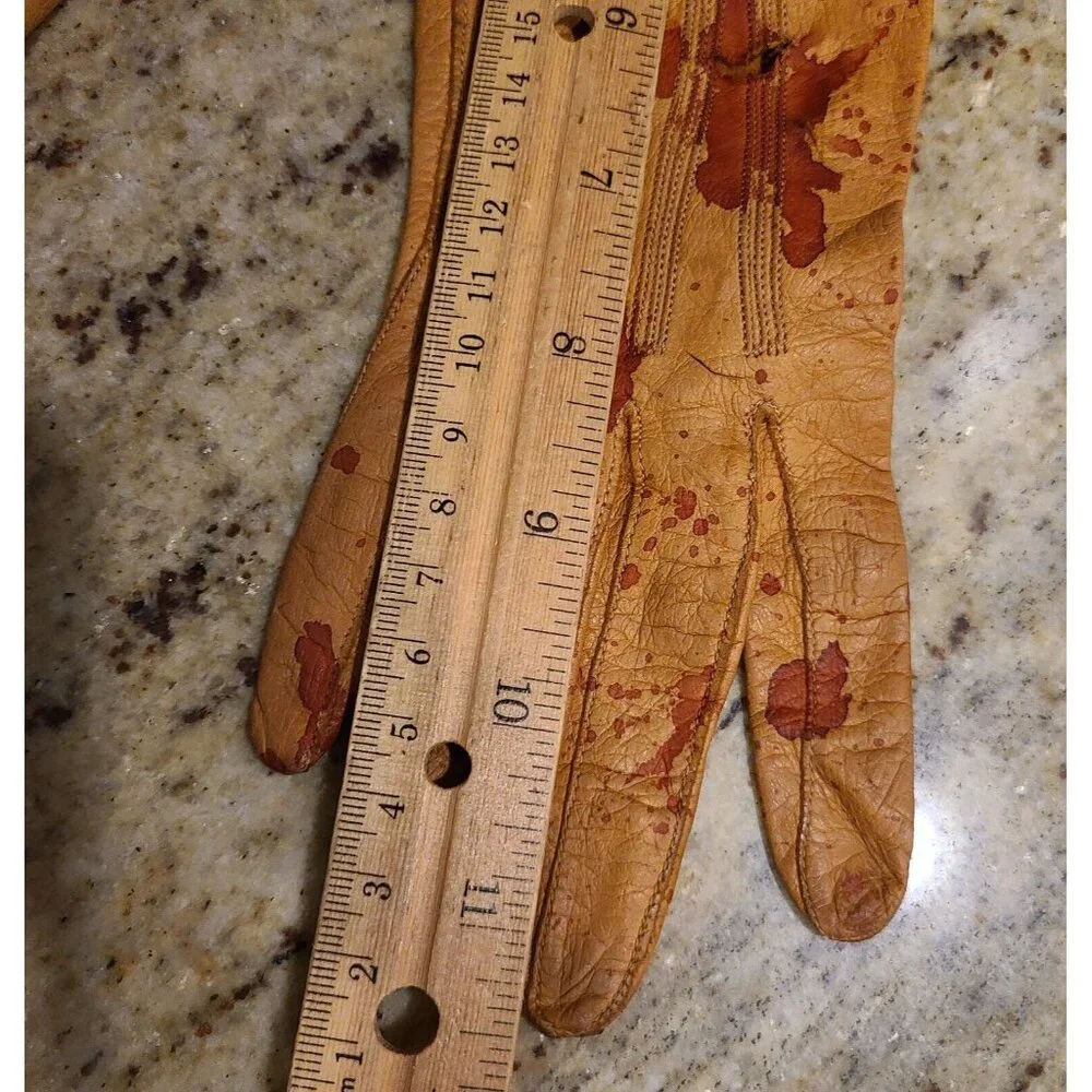 Vintage Size S Brown Leather Gloves Fake Bloody Horror Costume Slashed Worn